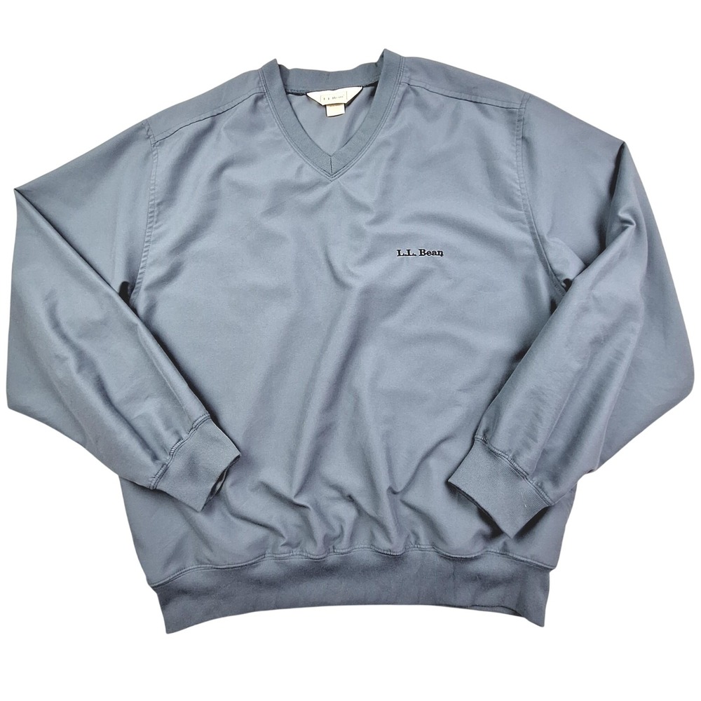 LL Bean Pullover Mens Large Blue Gray V-Neck Microfiber Sweatshirt Comfort Retro